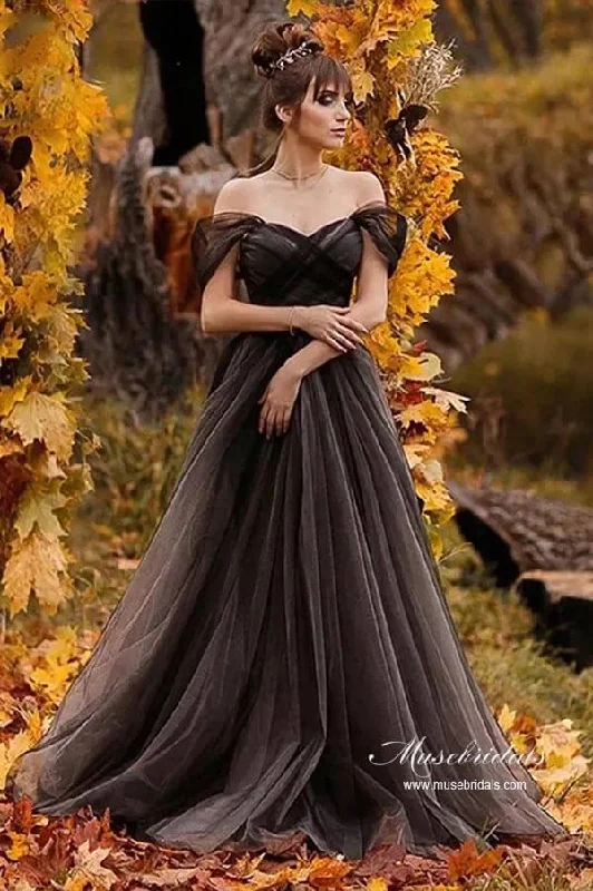 Clothing Sale Roycebridal Black A-line Off Shoulder Simple Wedding Dresses With Sweep Train, MW960 Clothing Sale Roycebridal Black A-line Off Shoulder Simple Wedding Dresses With Sweep Train, MW960