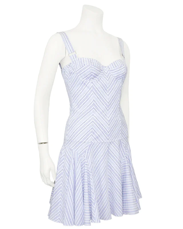 Seasonal Style Discounts Blue and White Chevron Striped Cotton Mini Dress