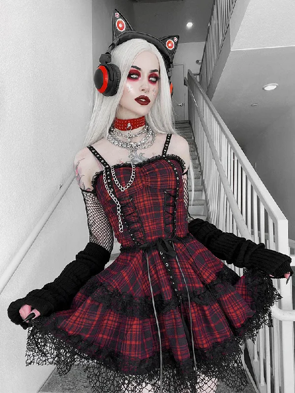 Easygoing Women’s Style Plaid Red Prom Slip Dress Eyelet Lace Trim Double Cake Vintage Sleeveless Backless Zipper Mini Dress Easygoing Women’s Style Plaid Red Prom Slip Dress Eyelet Lace Trim Double Cake Vintage Sleeveless Backless Zipper Mini Dress