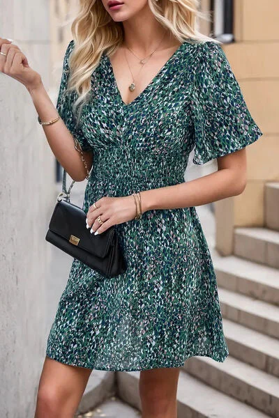 Flash Sales Printed Smocked Crisscross V-Neck Mini Dress