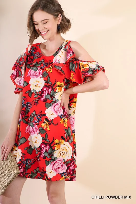 Trendy Street Style Attire Cold Shoulder Floral Dress