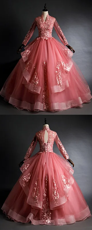 Trendy Threads Pink High Neck Long Sleeves Vintage Quinceanera Dress Girls Debutante higSweet 15 Party Prom Dresses with Lace Appliques cg21307 Trendy Threads Pink High Neck Long Sleeves Vintage Quinceanera Dress Girls Debutante higSweet 15 Party Prom Dresses with Lace Appliques cg21307
