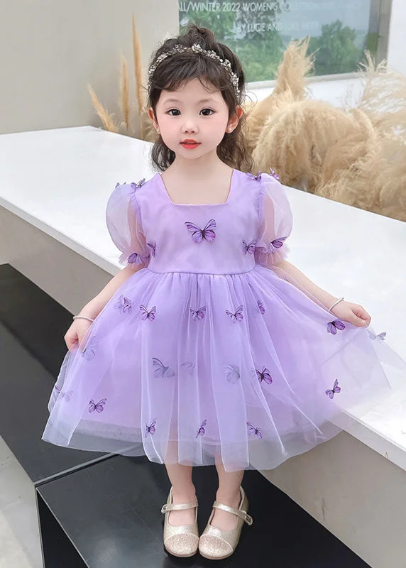 Clothing Sale Beautiful Purple Square Collar Floral Solid Tulle Long Dresses Summer