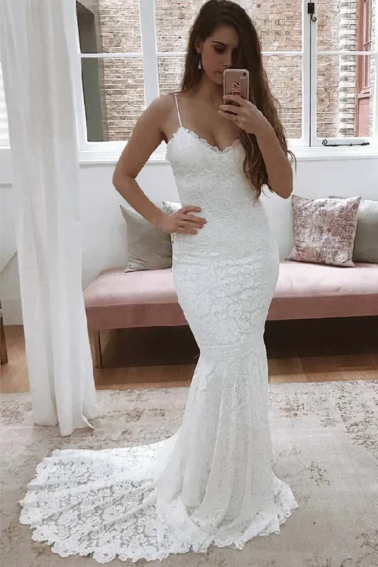 End of Season Sale Roycebridal Spaghetti Straps Mermaid All Over Lace Sleeveless White Wedding Dress,MW354