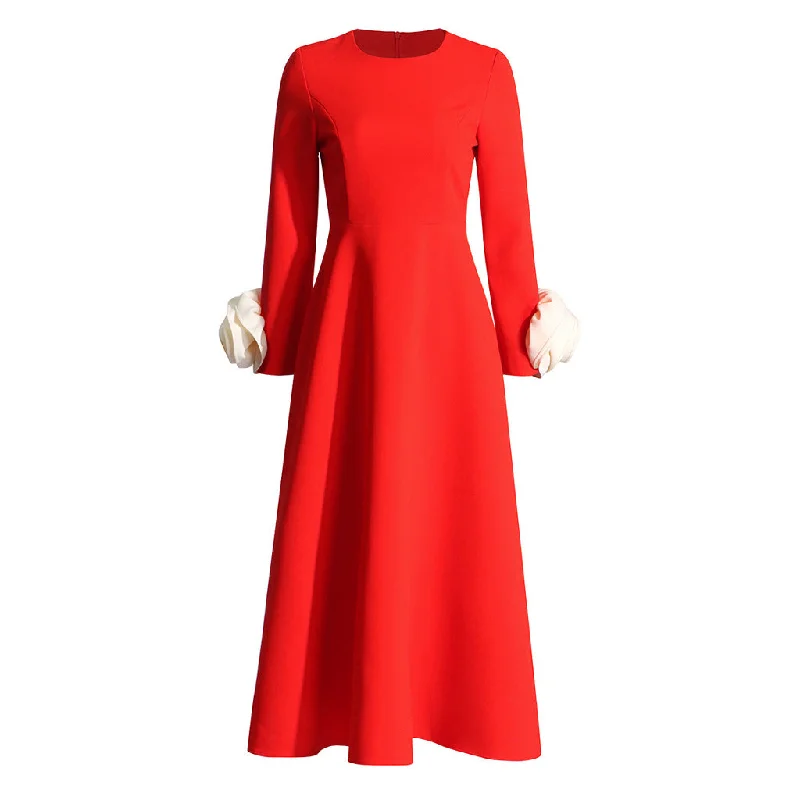 Affordable Fashion for Women Vintage Round Neck Long Sleeve Fit and Flare Crepe Rosette Trim Midi Dress Affordable Fashion for Women Vintage Round Neck Long Sleeve Fit and Flare Crepe Rosette Trim Midi Dress