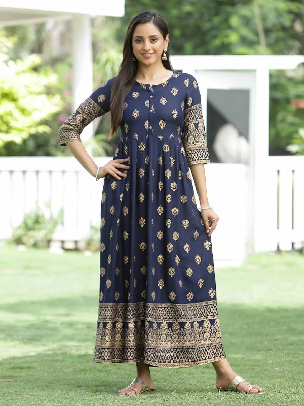 Best Online Boutiques For Women Juniper Indigo Festive Ethnic Motif Printed Rayon Maxi Dress.