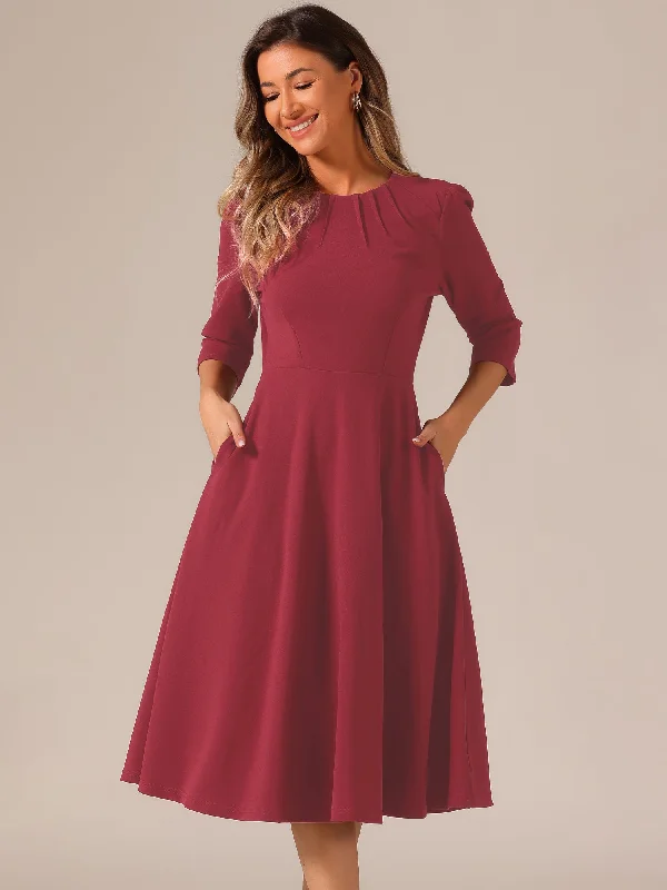 Shop Our Looks 3/4 Sleeve Pleated Round Neck Pocketed A-Line Swing Midi Dress