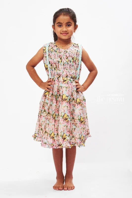 Current Trends Enchanting Blossom and Bird Print Cotton Frock for Girls