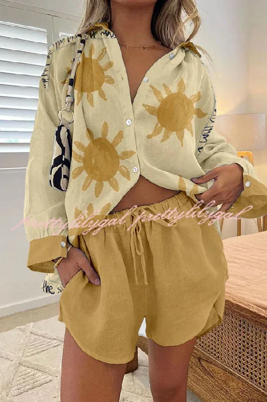 Vintage Women’s Fashion Simple Summer Sun Print Buttoned Lace Up Shorts Set