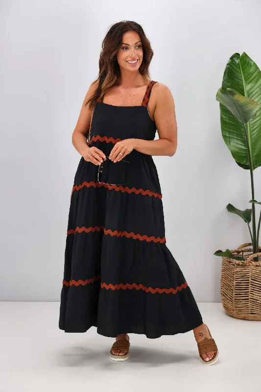 Bold Prints Casual Chic Miracle Linen Ric Rac Tiered Maxi Dress Black Tan