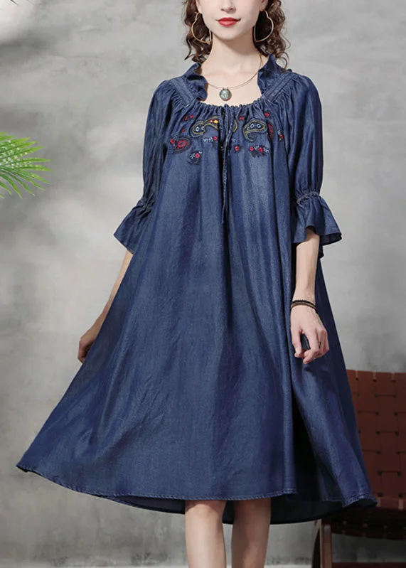 Weekend Sale Vintage Blue Square Collar Embroideried Floral Ruffled Patchwork Long Dresses Half Sleeve Weekend Sale Vintage Blue Square Collar Embroideried Floral Ruffled Patchwork Long Dresses Half Sleeve