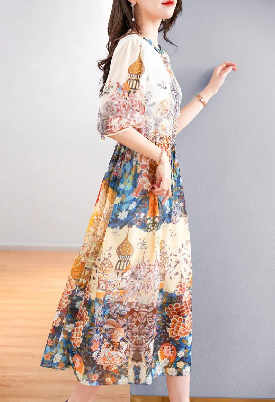 Boho Chic Fashion Short sleeve beautiful print bohemian midi dress women