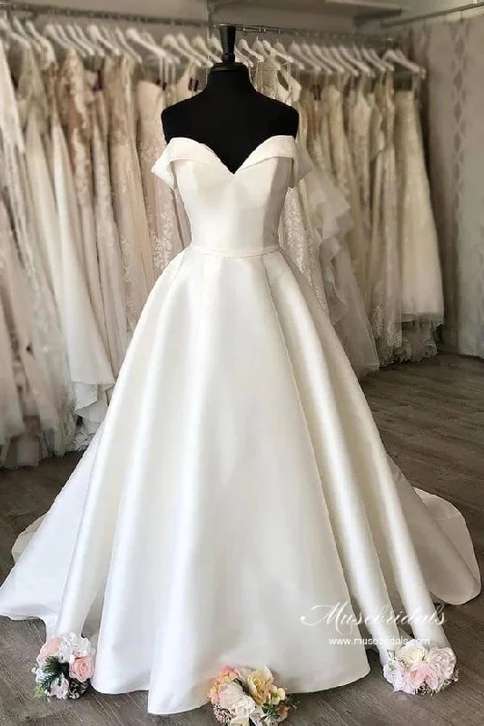 Women’s Casual and Dressy Outfits Roycebridal Simple Satin A-line Off-the Shoulder Wedding Dresses With Court Train, MW933 Women’s Casual and Dressy Outfits Roycebridal Simple Satin A-line Off-the Shoulder Wedding Dresses With Court Train, MW933