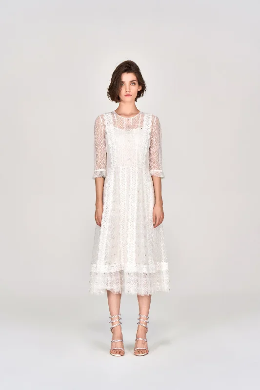 City Fashion White Mid Sleeves Lace Midi Dress