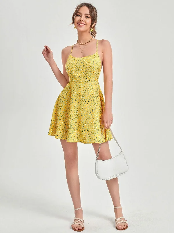 Clearance Sale, All Cheap AAHWAN Women's Yellow Floral Print Back Crisscross Mini Short Dress