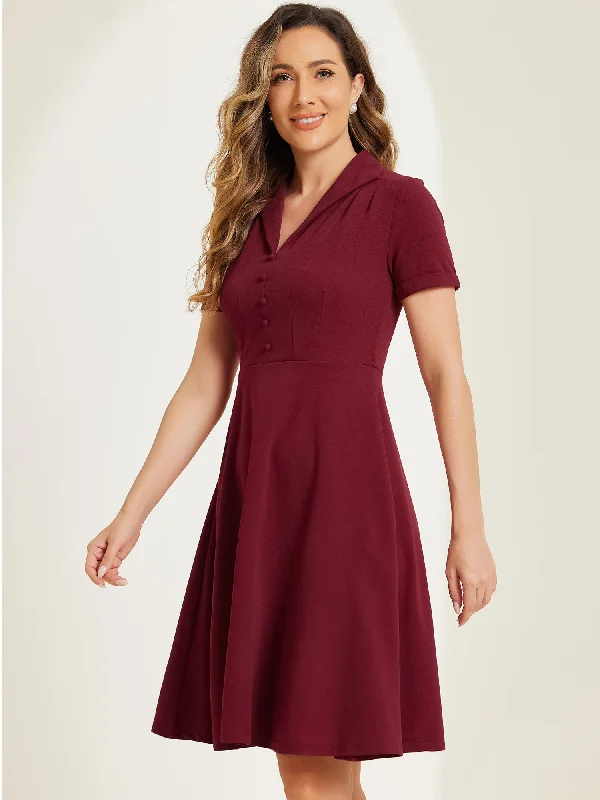 Mega Sales Vintage Flat Collar Solid Color Short Sleeve Fit and Flare Midi Dress