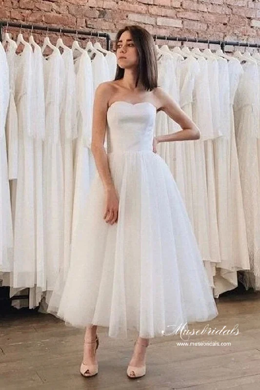 Sale For Women Roycebridal Tulle Satin Ankle Length Strapless Short Wedding Dresses, Bridal Dress, MW970