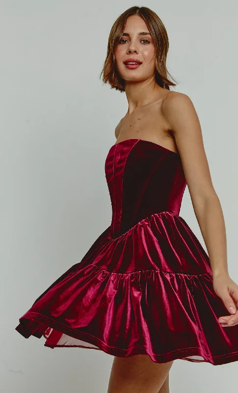 Clothes For Women Wine Velvet Bandeau Mini Dress With Bows