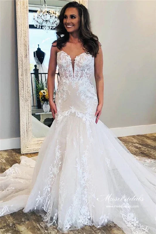 Affordable Women’s Fashion Roycebridal Tulle Mermaid Strapless Sweetheart Lace Appliques Wedding Dresses, MW995 Affordable Women’s Fashion Roycebridal Tulle Mermaid Strapless Sweetheart Lace Appliques Wedding Dresses, MW995