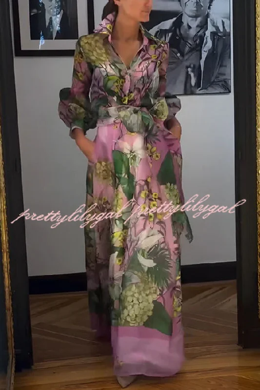 Fashion Sale Seeds of Happiness Tulle Floral Print Elastic Waist Belt Pocketed Maxi Skirt