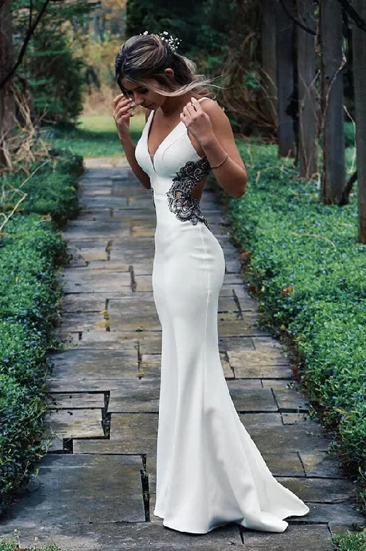 Stylish Everyday Clothing Roycebridal Satin Mermaid Spaghetti Straps V-neck Wedding Dresses With Appliques, MW1021