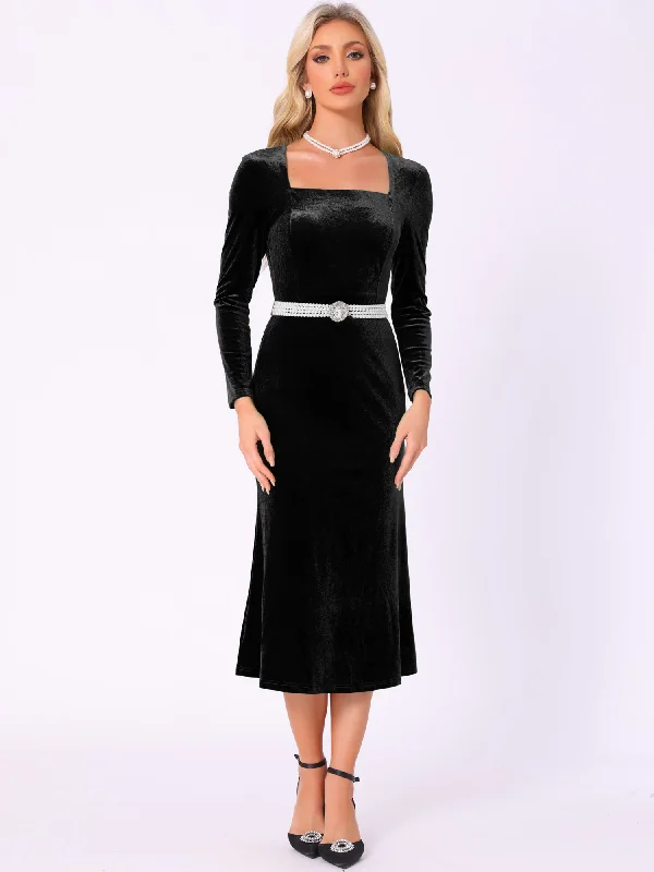 Hot Deals Velvet Square Neck Long Sleeve Belted Mermaid Midi Dress