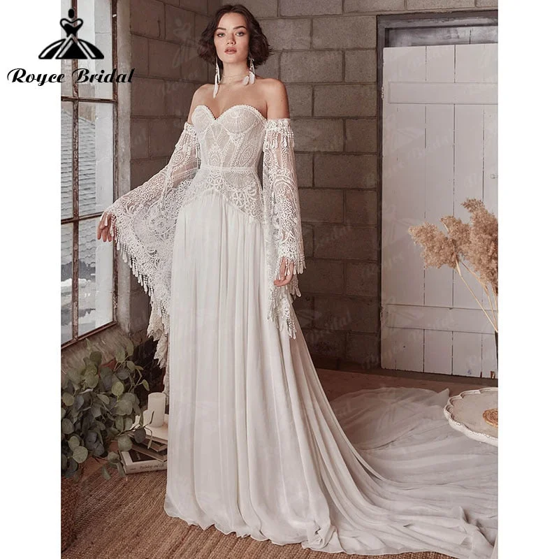 Snag Fabulous Fashion Bargains A Line Boho Bohemia Wedding Dress Long Flare Sleeve Lace Chiffon Backless Court Train Sweetheart Robe De Mariée Sheer 2022 Snag Fabulous Fashion Bargains A Line Boho Bohemia Wedding Dress Long Flare Sleeve Lace Chiffon Backless Court Train Sweetheart Robe De Mariée Sheer 2022
