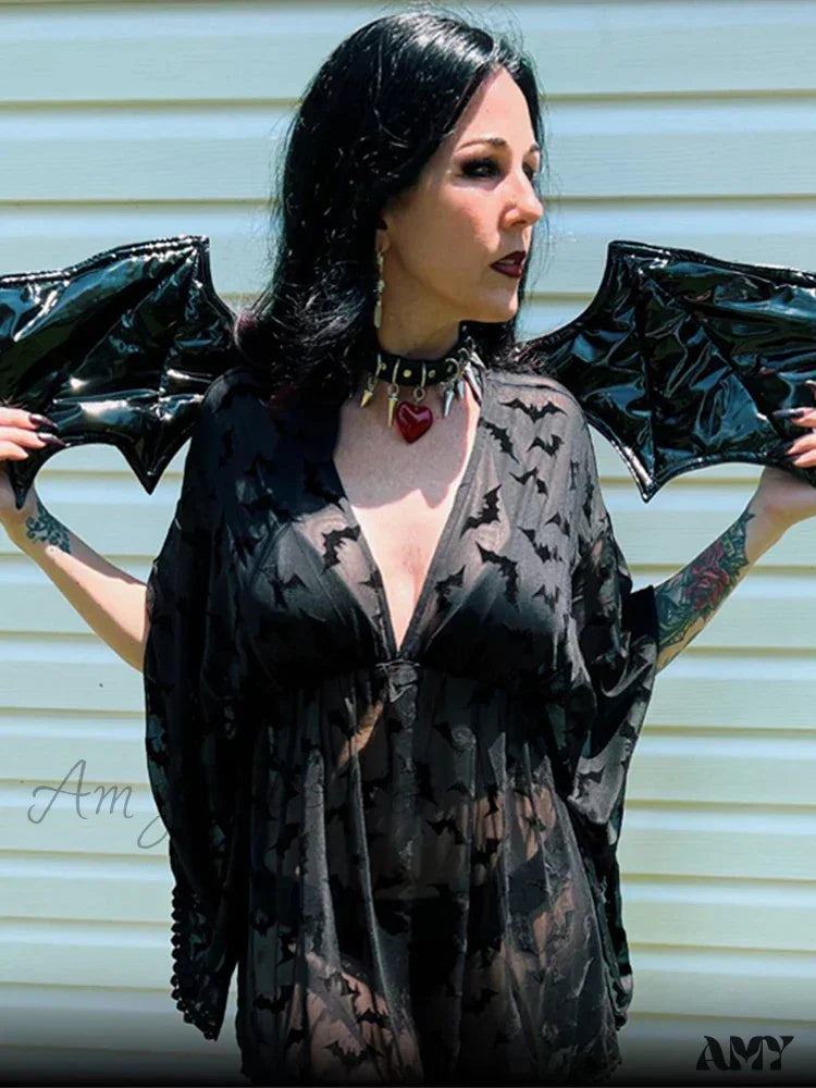 Special Occasion Wear Through Dress Grunge Night Bat See Lace Graphic Aesthetic Chiffon Goth Black E-Girls Club Special Occasion Wear Through Dress Grunge Night Bat See Lace Graphic Aesthetic Chiffon Goth Black E-Girls Club