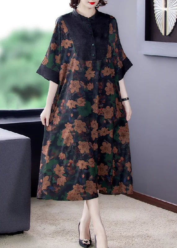Online Boutiques Clothing Classy Floral Stand Collar Button Patchwork Silk Dresses Summer