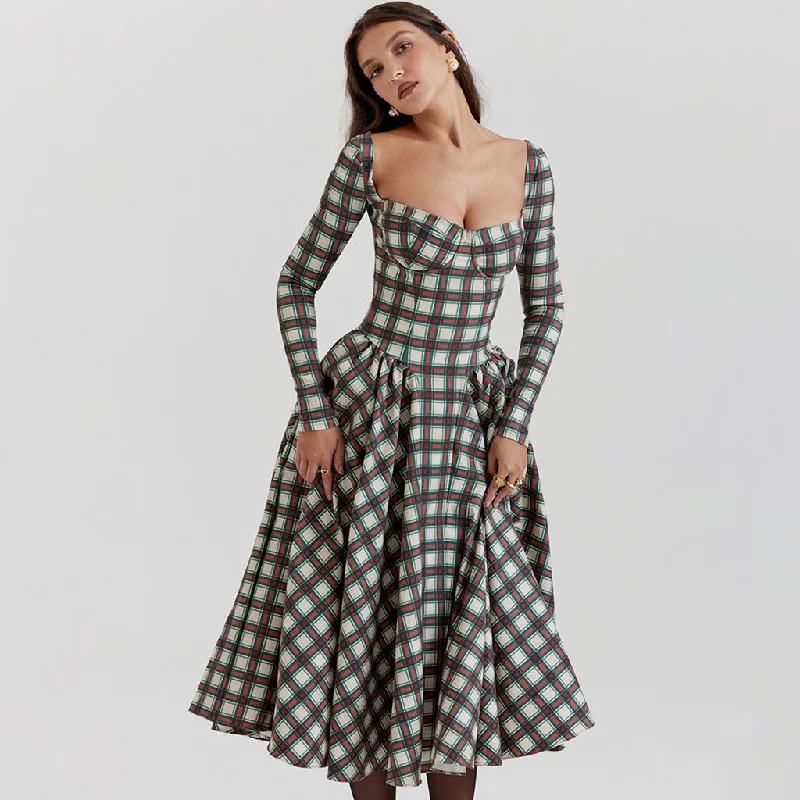 Women’s Activewear for Exercise and Sports Vintage Bustier Tartan Pattern Pleated Winter Long Sleeve Midi Dress Women’s Activewear for Exercise and Sports Vintage Bustier Tartan Pattern Pleated Winter Long Sleeve Midi Dress