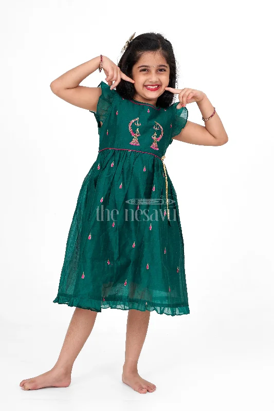 Fashion Forward Green Chanderi Cotton Frock with Earring Embroidery for Girls – Traditional Attire for Festive Occasions Fashion Forward Green Chanderi Cotton Frock with Earring Embroidery for Girls – Traditional Attire for Festive Occasions