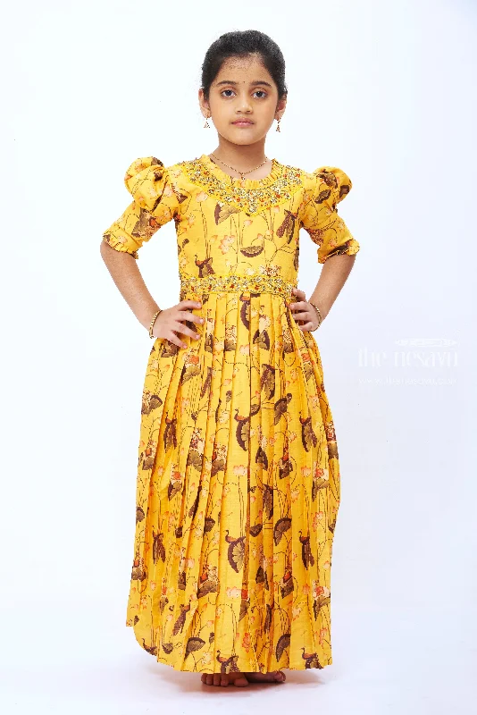 Luxury Fashion Girls Yellow Kalamkari Print Anarkali Gown with Embellished Neckline Luxury Fashion Girls Yellow Kalamkari Print Anarkali Gown with Embellished Neckline