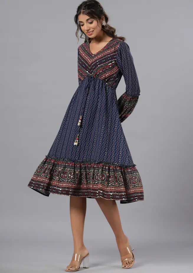 Festival Fashion Juniper Women Navy Blue Georgette Printed Midi Dress