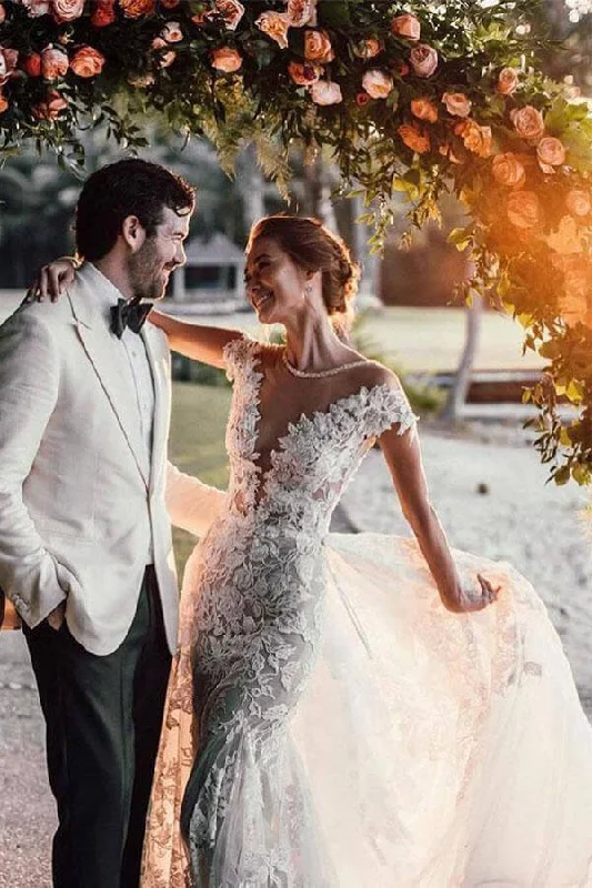 Online Shopping Boutiques Roycebridal Gorgeous Tulle Mermaid Cap Sleeves Lace Appliqued Wedding Dresses, MW979 Online Shopping Boutiques Roycebridal Gorgeous Tulle Mermaid Cap Sleeves Lace Appliqued Wedding Dresses, MW979
