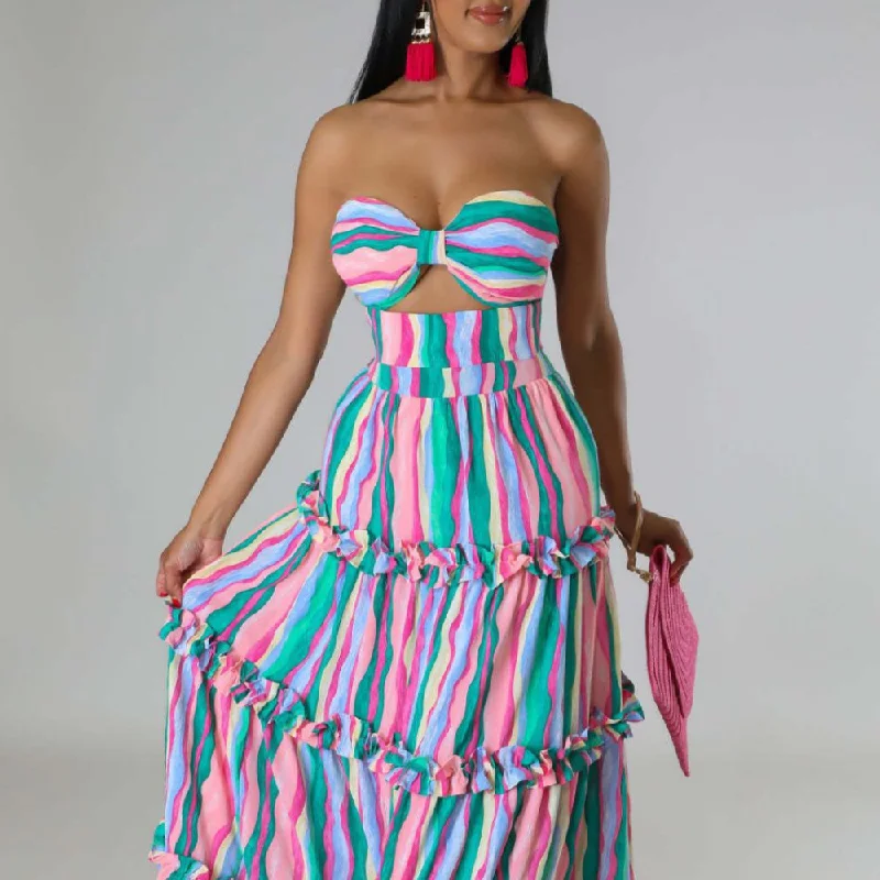 Weekend Sale – Limited-Time Deals Strapless Striped Print Fashion Dress