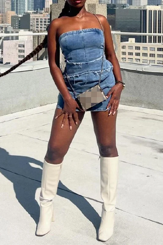 Affordable Women’s Clothing Sale Online Patchwork Hot Washed Denim Mini Dress
