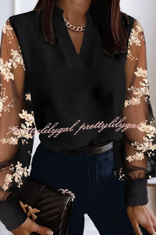 Sale On Clothing Fun Printed V Neck Lace Long Sleeved Blouse