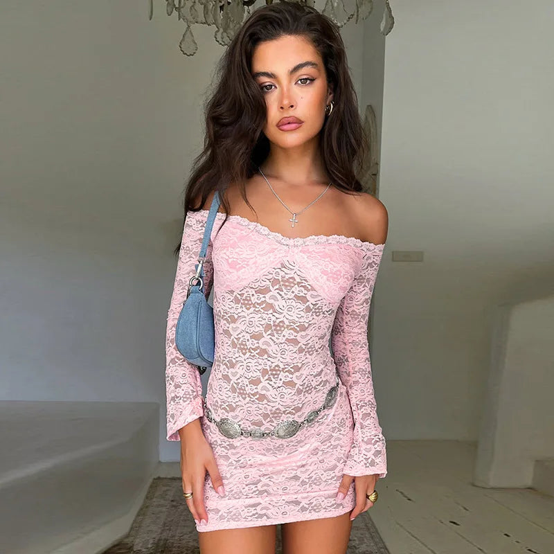 Flash Sale Online Sheer Lace Elegant Fashion Off Shoulder Long Sleeve Slim Party Mini Dress Flash Sale Online Sheer Lace Elegant Fashion Off Shoulder Long Sleeve Slim Party Mini Dress
