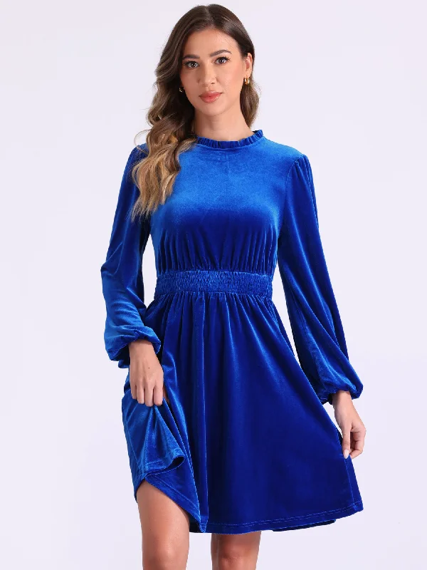Best Deals Of The Season Velvet Smocked Waistline Long Sleeve Midi Dress