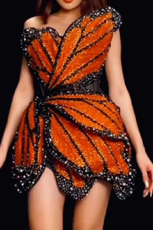 Women Wear Boutique Beaded & Rhinestone Decor Pretty Butterfly Design Mini Dress