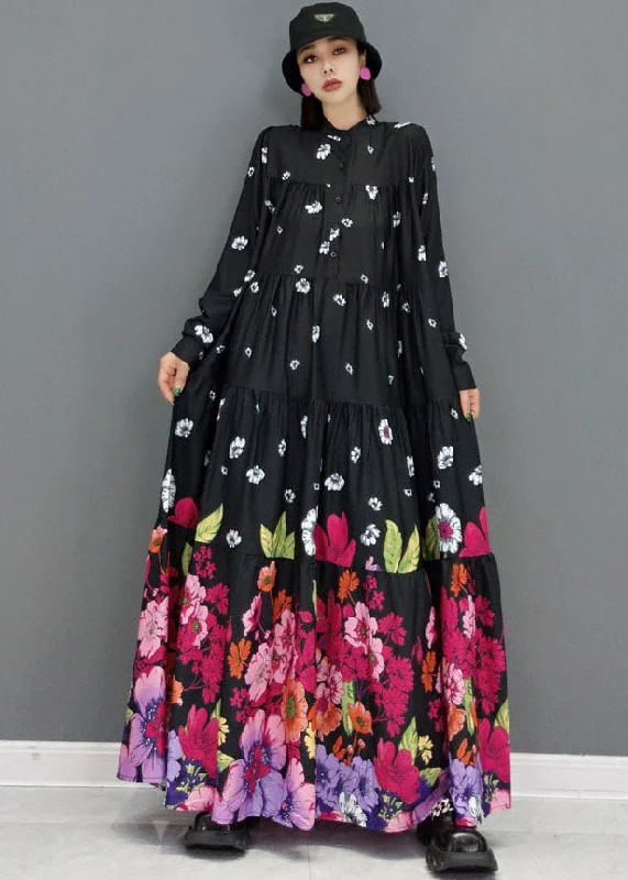 Elegant Women’s Clothing Women Black Stand Collar Floral Print Cotton Long Dress Long Sleeve Elegant Women’s Clothing Women Black Stand Collar Floral Print Cotton Long Dress Long Sleeve