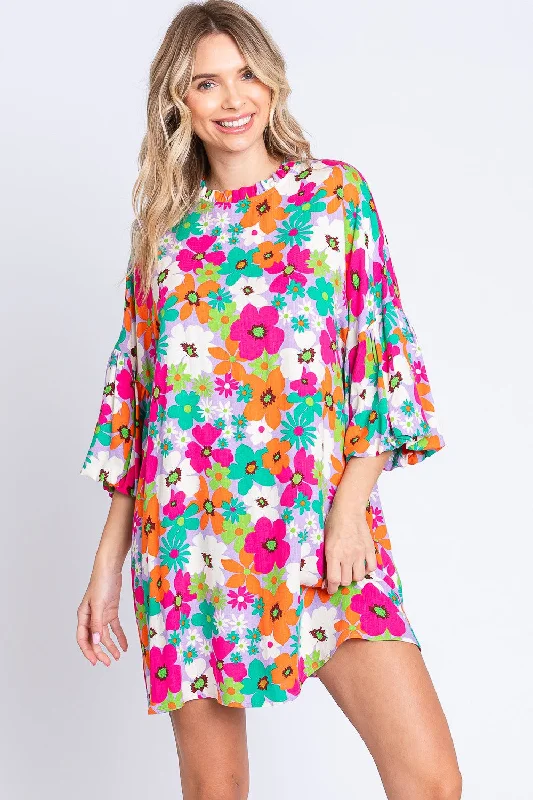 Season Sale GeeGee Full Size Floral Round Neck Lantern Sleeve Mini Dress