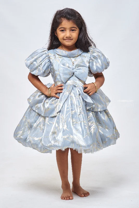 Trendy Fashion For Women Slate Sophistication: Foil Printed Organza Party Dress with Bow Embellishment for Girls Trendy Fashion For Women Slate Sophistication: Foil Printed Organza Party Dress with Bow Embellishment for Girls