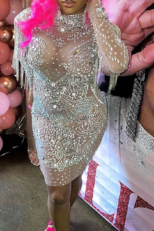 Online Shopping Boutiques Rhinestone Glamorous See-Through Mini Dress