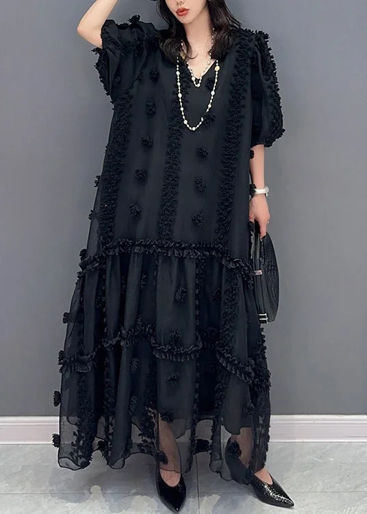 Chic Women’s Clothing for Work and Travel Black V Neck Floral Tulle Maxi Dresses Short Sleeve Chic Women’s Clothing for Work and Travel Black V Neck Floral Tulle Maxi Dresses Short Sleeve