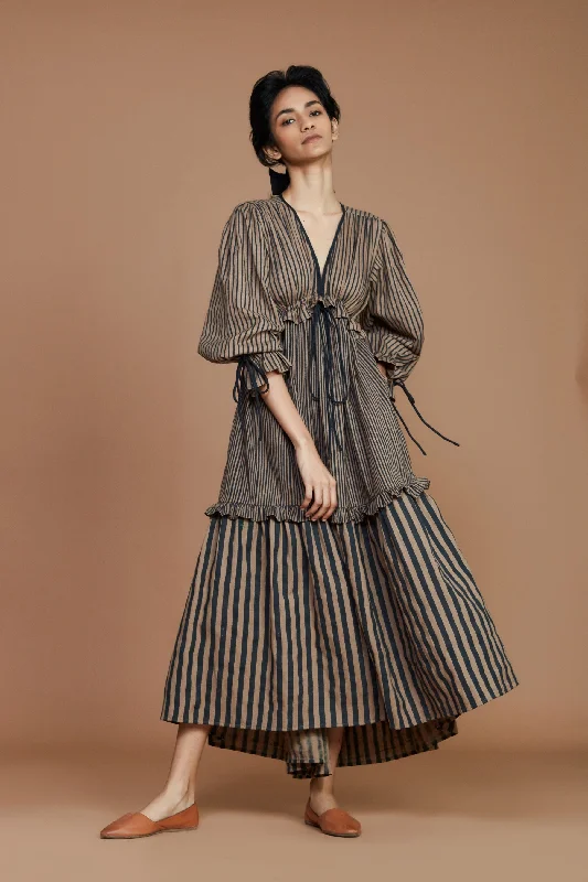 Special Occasion Wear Tiered Frill Brown Striped Dress