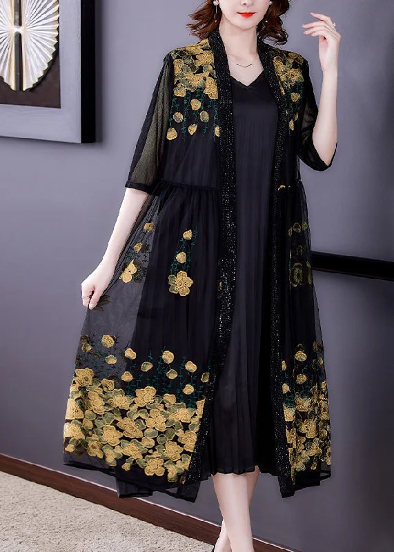 Exclusive Online Sale Novelty Yellow Embroideried Floral Tulle Maxi Sunscreen Cardigan Short Sleeve Exclusive Online Sale Novelty Yellow Embroideried Floral Tulle Maxi Sunscreen Cardigan Short Sleeve