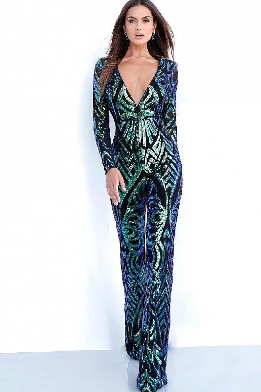 Huge Discounts This Week Jovani - Sequined Plunging V Neck Long Sleeves Jumpsuit 66511 - 1 pc Black/Peacock In Size 4 Available Huge Discounts This Week Jovani - Sequined Plunging V Neck Long Sleeves Jumpsuit 66511 - 1 pc Black/Peacock In Size 4 Available