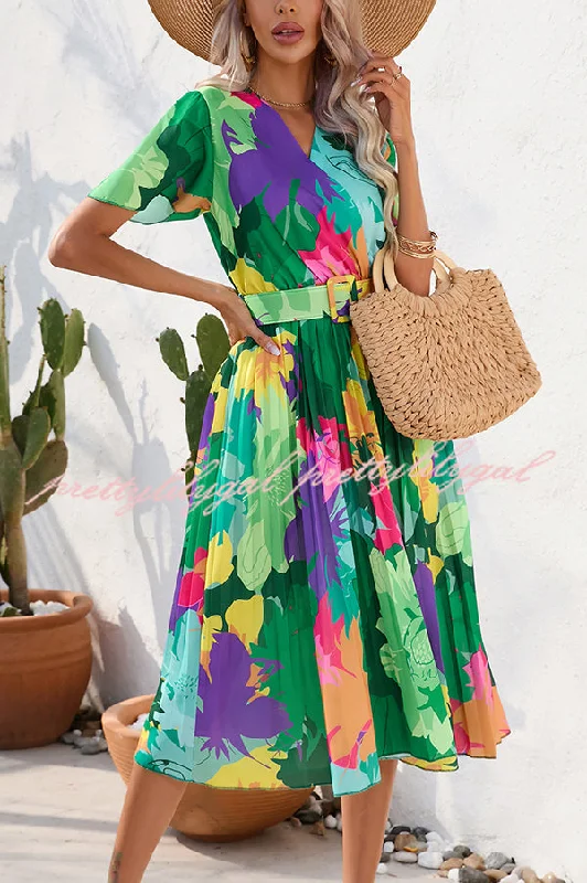 Wardrobe Upgrade Paulette Contrast Floral Print Belted Pleated Midi Dress