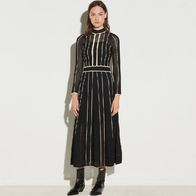 Trendy Boutique Online Flattering Stripe Long Sleeve High Neck Knit Pointelle Midi Dress - Black